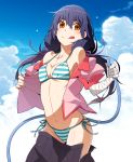  :q bandaged_arm bandages bikini blue_hair braid breasts cleavage commentary_request cowboy_shot day highres hose kanbaru_suruga low_twintails monogatari_(series) navel open_clothes open_skirt orange_eyes pleated_skirt side-tie_bikini skirt skirt_pull sky small_breasts solo sparkle striped striped_bikini swimsuit tongue tongue_out twintails wet wet_hair yamanami_kousuke 