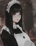  ? aoi_ogata artist_name bangs bespectacled black_hair blunt_bangs blurry breasts commentary glasses grey_eyes highres long_hair looking_away maid maid_headdress original parted_lips solo white_skin 