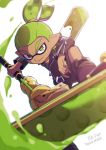  artist_name bike_shorts black_footwear blurry_foreground boots closed_mouth commentary_request dark_skin dark_skinned_male domino_mask dynamo_roller_(splatoon) green_eyes green_hair holding holding_weapon ink_tank_(splatoon) inkling inumaru_akagi jacket leather leather_jacket leg_up long_sleeves looking_at_viewer male_focus mask nail_polish pixiv_id pointy_ears rider-kun_(splatoon) scrunchie signature smile solo splatoon_(manga) splatoon_(series) standing standing_on_one_leg tentacle_hair topknot v-shaped_eyebrows weapon 