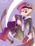  army-kun_(splatoon) artist_name beret black_shorts book boots closed_mouth coat commentary_request cross-laced_footwear crossed_legs domino_mask dress_shirt echolocator_(splatoon) emblem facepaint frown green_coat hat holding holding_book holding_weapon inkling inumaru_akagi invisible_chair jacket lace-up_boots long_sleeves male_focus mask n-zap_(splatoon) open_clothes open_coat orange_eyes orange_hair pixiv_id pointy_ears red_footwear shirt shorts sitting solo sparkle splatoon_(manga) splatoon_(series) straight-laced_footwear tentacle_hair weapon white_shirt 