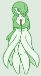  1girl arms_behind_back blush breasts collarbone eyebrows_visible_through_hair female full_body gardevoir gen_3_pokemon green_background green_hair hair_over_one_eye holding_arm knees-together_feet_apart large_breasts looking_at_viewer no_humans pokemon pokemon_(creature) rakkuguy red_eyes short_hair simple_background smile solo standing 