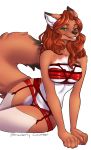  big_tail bound canine clothing coyote cute_paws ears_back female fox garter_belt garter_straps green_eyes grin hair legwear looking_at_viewer mammal pinup pose red_hair rope rope_bondage rope_harness simple_background smile strawberrycucumber thigh_highs white_background wrapped wrapping_paper 
