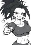  abs black_eyes black_hair breasts commentary dragon_ball dragon_ball_super earrings eyelashes fingernails greyscale grin hand_on_hip heart jewelry kefla_(dragon_ball) kinjuu_(hariharitt) looking_at_viewer monochrome navel pointing pointing_at_viewer ponytail potara_earrings simple_background smile solo spiked_hair stomach tank_top upper_body white_background 
