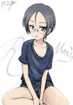  :p artist_name bangs breasts bukkuri casual character_name cleavage closed_mouth commentary cursive dated girls_und_panzer glasses grey_eyes grey_hair grey_shirt grey_shorts indian_style looking_at_viewer medium_breasts rimless_eyewear rumi_(girls_und_panzer) shirt short_hair short_shorts shorts signature simple_background sitting smile solo swept_bangs t-shirt tongue tongue_out v_arms white_background 