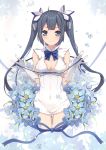  &gt;:) 6u_(eternal_land) absurdres bangs bare_shoulders black_hair blue_hair blush bow bowtie bubble cleavage_cutout covered_navel dress dungeon_ni_deai_wo_motomeru_no_wa_machigatteiru_darou_ka eyebrows_visible_through_hair flower gloves hestia_(danmachi) highres long_hair looking_at_viewer rei_no_himo scan shiny shiny_skin short_dress simple_background sleeveless sleeveless_dress smile solo twintails v-shaped_eyebrows white_dress white_gloves 