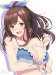  bangs bikini blue_bikini blue_bow blush bow breasts brown_eyes brown_hair cleavage commentary_request eyebrows_visible_through_hair frilled_bikini frills hair_bow highres idolmaster idolmaster_shiny_colors large_breasts long_hair looking_at_viewer open_mouth ponytail ramchi solo sparkle swimsuit tsukioka_kogane upper_body white_background 