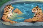  anthro duo ear_piercing elbow_tufts facial_hair feline fingers fur goatee grass laugh male mammal muscular muscular_male nipples nude open_mouth orange_fur pecs piercing scar smile stripe striped_fur stripes tiger tuft viralegoist 