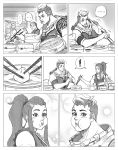  ... 2girls bamboo_steamer baozi bowl brigitte_(overwatch) bubble_background cheek_bulge chopsticks comic commentary food food_in_mouth food_on_face greyscale hair_ornament hairclip highres ladygt93 long_hair looking_at_another monochrome multiple_girls muscle muscular_female overwatch ponytail short_hair shoulder_tattoo sidelocks silent_comic sleeveless sweatdrop tattoo undercut very_short_hair zarya_(overwatch) 