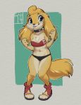  anthro blonde_hair blue_eyes canine clothed clothing collar dallas_(reign-2004) dog female footwear fur grin hair mammal reign-2004 shoes skimpy smile solo yellow_fur 