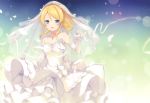  6u_(eternal_land) :d absurdres ayase_eli bangs bare_shoulders blonde_hair blue_eyes blush breasts bridal_veil closed_mouth dress earrings elbow_gloves eyebrows_visible_through_hair gloves gradient gradient_background hair_ornament highres huge_filesize jewelry long_hair love_live! love_live!_school_idol_project medium_breasts mole mole_under_mouth open_mouth petals scan simple_background smile solo strapless strapless_dress tears veil wedding_dress white_dress white_gloves 