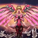  alternate_costume alternate_hairstyle backlighting bird blonde_hair blurry closed_eyes commentary depth_of_field detached_sleeves dove english feathers hair_ribbon hands_together liang_xing mechanical_wings mercy_(overwatch) midair overwatch parted_lips pink_legwear pink_mercy pink_ribbon praying ribbon skirt solo thighhighs twintails wings 