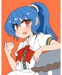 blue_hair bow commentary food fruit hinanawi_tenshi ini_(inunabe00) keystone long_hair looking_at_viewer no_hat no_headwear open_mouth peach ponytail puffy_short_sleeves puffy_sleeves red_bow red_eyes short_sleeves solo touhou 