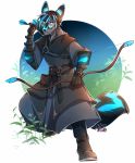  2018 5_fingers anthro arrow belt bioluminescence blue_eyes blue_hair boots bow canine clothed clothing digital_media_(artwork) dog footwear glowing glowing_fur hair hihikori holding_object holding_weapon male mammal robe smile solo weapon 