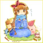  blanket blue_robe blue_scarf border braid brown_hair candy character_pillow covered_mouth cup drink food gipple graphite_(medium) hairband kukuri looking_at_viewer mahoujin_guruguru mug pillow pink_hairband popurieru scarf sitting solo staff steam traditional_media twin_braids watercolor_pencil_(medium) wrapped_candy yellow_border 