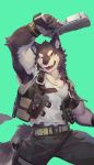  belt black_fur bulge canine clothed clothing fur green_background gun handgun holding_object invalid_tag looking_at_viewer male mammal muscular muscular_male null-ghost orange_eyes ranged_weapon sheathed_weapon shirt simple_background tank_top torn_clothing vest weapon white_fur wolf 