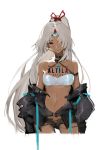  altera_(fate) bare_shoulders breasts closed_mouth collar copyright_name criss-cross_halter dark_skin fate/grand_order fate_(series) halterneck jacket long_hair midriff navel off_shoulder one_eye_covered ponytail red_eyes shenq short_shorts shorts silver_hair small_breasts solo stomach strapless tan tiara toned tubetop very_long_hair 