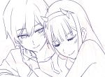  1boy 1girl bangs blush couple darling_in_the_franxx eyebrows_visible_through_hair eyes_closed fringe greyscale hair_ornament hand_on_another&#039;s_neck hetero hiro_(darling_in_the_franxx) k_016002 long_hair looking_at_another lying lying_on_person monochrome short_hair white_hairband zero_two_(darling_in_the_franxx) 