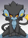  1boy 1girl animal_ears black_hair blush breasts clothed_male_nude_female english_text furry gen_4_pokemon gradient gradient_background highres luxray navel nude personification pokemon pokemon_(creature) pov rakkuguy red_sclera simple_background small_breasts straddling tail yellow_eyes 