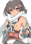  bare_shoulders blush body_blush breasts brown_eyes brown_hair covering covering_nipples fingerless_gloves gloves hair_ornament highres isetta kantai_collection remodel_(kantai_collection) scarf sendai_(kantai_collection) smile solo two_side_up v v-shaped_eyebrows 