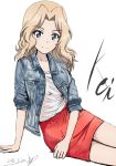 arm_support artist_name blonde_hair blue_eyes blue_jacket bukkuri casual character_name closed_mouth commentary dated denim denim_jacket eyebrows_visible_through_hair girls_und_panzer hair_intakes jacket kay_(girls_und_panzer) long_hair long_sleeves looking_at_viewer miniskirt open_clothes open_jacket pencil_skirt red_skirt shirt signature simple_background sitting skirt sleeves_rolled_up smile solo white_background white_shirt yokozuwari 