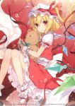  6u_(eternal_land) absurdres back_bow bangs blonde_hair bow bowtie eyebrows_visible_through_hair flandre_scarlet frilled_skirt frills green_bow green_neckwear hair_between_eyes hat hat_ribbon highres holding long_hair looking_at_viewer mary_janes red_bow red_eyes red_footwear red_ribbon red_skirt ribbon shoes short_sleeves side_ponytail skirt smile socks solo stuffed_animal stuffed_toy teddy_bear touhou white_bow white_hat white_legwear wings 