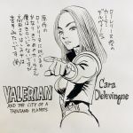  breasts commentary_request copyright_name from_side gloves highres jacket laureline marker_(medium) medium_breasts monochrome photo pointing serious solo traditional_media translation_request upper_body urasawa_naoki valerian_and_the_city_of_a_thousand_planets 