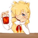  370ml alpaca_ears alpaca_suri_(kemono_friends) animal_ears blonde_hair blue_eyes cup drinking_glass fur-trimmed_sleeves fur_collar fur_trim hair_over_one_eye hand_on_own_cheek hands_up head_rest head_tilt holding holding_cup horizontal_pupils kemono_friends long_sleeves looking_at_viewer medium_hair ribbon simple_background smile solo sweater upper_body white_background 