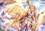  blonde_hair boots clouds feathers hat lily_white long_hair orange_eyes sky touhou weapon wings z.o.b 