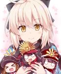  &gt;_&lt; 3girls :d ahoge bangs black_bow black_hair black_hat black_scarf blush bow brown_eyes brown_hair chacha_(fate/grand_order) chibi closed_eyes closed_mouth commentary_request eyebrows_visible_through_hair family_crest fate/grand_order fate_(series) hair_between_eyes hair_bow haori hat japanese_clothes keikenchi_(style) koha-ace light_brown_hair long_hair long_sleeves minigirl multiple_girls o_o object_hug oda_nobukatsu_(fate/grand_order) oda_nobunaga_(fate) oda_uri okita_souji_(fate) okita_souji_(fate)_(all) open_mouth peaked_cap red_hat red_scarf rioshi scarf smile wavy_mouth xd 