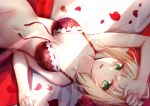  arm_up bare_arms bare_shoulders bed_sheet blonde_hair bottomless bra breasts closed_mouth collarbone dutch_angle fate/extra fate_(series) fingernails front-tie_bra green_eyes groin hand_up long_hair looking_at_viewer lying md5_mismatch medium_breasts nail_polish navel nero_claudius_(fate) nero_claudius_(fate)_(all) on_back out-of-frame_censoring petals pink_nails red_bra revision rose_petals sidelocks solo underwear underwear_only untied_bra yan_(nicknikg) 