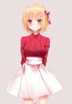  arms_behind_back bandaged_head bandages bangs blonde_hair blush breasts cowboy_shot frown grey_background hair_ribbon highres long_sleeves looking_at_viewer medium_breasts original piripun red_eyes red_ribbon red_shirt ribbon shirt short_hair signature simple_background skirt solo standing white_skirt wing_collar 