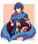  arm_at_side armor bangs belt belt_buckle black_gloves blue_cape blue_eyes blue_hair breastplate brooch brown_belt brown_cape buckle cape closed_mouth cropped_legs eyebrows_visible_through_hair fingerless_gloves fire_emblem fire_emblem:_monshou_no_nazo fire_emblem_heroes gem gloves hair_between_eyes hair_ornament hairband high_collar highres jewelry looking_at_viewer male_focus marth nazonazo_(nazonazot) pauldrons pink_background scabbard sheath sheathed shiny shiny_hair short_sleeves sidelocks smile solo standing sword torn_cape tunic weapon white_background 
