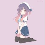  black_legwear blue_neckwear blue_ribbon blue_skirt buttons emia_wang gradient_hair hat kantai_collection kneeling looking_at_viewer multicolored_hair neckerchief orange_hair pleated_skirt puffy_short_sleeves puffy_sleeves purple_background purple_eyes purple_hair ribbon sailor_hat school_uniform serafuku short_hair short_sleeves sidelocks simple_background skirt smile solo thighhighs tsushima_(kantai_collection) white_hat 