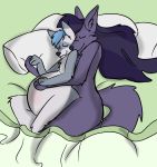  2018 anthro bed belly belly_rub big_belly blush canine dee_(character) digital_media_(artwork) dima_(artist) dima_(character) duo fur hair hand_holding lying male male/male male_pregnancy mammal nude on_bed on_side pillow pregnant sex simple_background smile spoon_position spooning thick_thighs wolf 