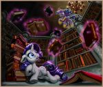  2018 ambiguous_gender avian blue_eyes book bookshelf border cutie_mark equine eyelashes feathered_wings feathers female feral friendship_is_magic hair harwick hi_res hooves horn inside library mammal my_little_pony open_mouth rarity_(mlp) twilight_sparkle_(mlp) unicorn winged_unicorn wings 