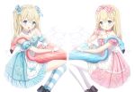  alice_(wonderland) alice_in_wonderland animal aqua_eyes bird blonde_hair blush bow braids collar gloves kneehighs lolita_fashion long_hair mullpull original pantyhose ribbons white wristwear 