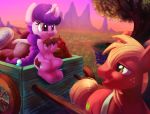 2018 big_macintosh_(mlp) cutie_mark detailed_background digital_media_(artwork) duo equine feral freckles friendship_is_magic fur hair horn male mammal my_little_pony open_mouth outside sitting smile sugar_belle_(mlp) thediscorded tree unicorn 