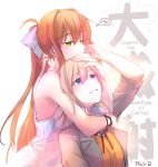 absurdres artist_name artist_self-insert blush bow bracelet brown_hair chinese doki_doki_literature_club dress green_eyes grin hair_between_eyes hair_bow hand_on_another's_cheek hand_on_another's_face highres hug hug_from_behind jewelry long_hair medium_hair monika_(doki_doki_literature_club) multiple_girls one_eye_closed orange_hair pin.s ponytail purple_eyes school_uniform sidelocks sleeves_rolled_up smile very_long_hair white_dress yuri 