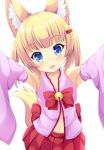  :d animal_ear_fluff animal_ears bare_shoulders bell blonde_hair blue_eyes blush bow commentary_request detached_sleeves fang fox_ears fox_girl fox_tail hair_ornament hairclip head_tilt jingle_bell kemomimi_oukoku_kokuei_housou long_hair long_sleeves looking_at_viewer maccha mikoko_(kemomimi_oukoku_kokuei_housou) navel open_mouth pleated_skirt red_bow red_skirt sidelocks simple_background skirt smile solo tail twintails virtual_youtuber white_background wide_sleeves 