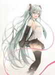  :d akira_(been0328) aqua_eyes aqua_hair commentary_request detached_sleeves from_side hair_between_eyes hatsune_miku headset long_hair looking_at_viewer necktie number_tattoo open_mouth skirt sleeves_past_wrists smile solo tattoo thighhighs twintails very_long_hair vocaloid 