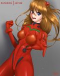  artist_name bangs blue_eyes bodysuit bracer breasts breasts_apart brown_hair clenched_hand commentary cowboy_shot dated dutch_angle foreshortening from_side gloves grey_background hair_between_eyes hand_up headgear hips jay156 legs_apart long_hair looking_at_viewer medium_breasts neon_genesis_evangelion number open_mouth outstretched_arm pilot_suit plugsuit reaching_out red_bodysuit shadow sideways_glance signature skin_tight smile souryuu_asuka_langley standing thighs turtleneck upper_teeth v-shaped_eyebrows 