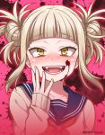  :d artist_name bags_under_eyes blonde_hair blood blood_on_face blood_splatter blush boku_no_hero_academia cardigan double_bun eyebrows_visible_through_hair fangs hand_on_own_face looking_at_viewer mono_land open_mouth pink_background red_neckwear sailor_collar school_uniform serafuku short_twintails simple_background slit_pupils smile solo teeth toga_himiko twintails upper_body yandere_trance yellow_eyes 