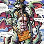  anthro claws digital_media_(artwork) dragon electricity green_hair green_scales hair lafarl_of_the_skyfang_brigade_(yugioh) male manpersonguy mrease muscular nude open_mouth parody rafale_champion_fur_hire_(yugioh) robotic_limb scales scalie sign solo wings yu-gi-oh 