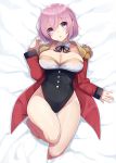  :o alternate_costume bad_id bad_pixiv_id bangs bare_legs barefoot bed_sheet black_leotard black_ribbon blush breasts cleavage collarbone commentary_request dakimakura detached_collar epaulettes eyebrows_visible_through_hair fate/grand_order fate_(series) full_body gold_trim groin hair_between_eyes head_tilt highleg highleg_leotard jacket large_breasts leotard long_sleeves looking_at_viewer lying mash_kyrielight neck_ribbon on_back open_clothes open_jacket parted_lips pink_hair purple_eyes red_jacket ribbon short_hair sleeves_past_wrists solo white_collar yuzu-aki 