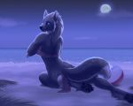  2018 4_toes bare_shoulders beach black_nose black_pawpads blue_eyes canine clothed clothing detailed_background digital_media_(artwork) digitigrade female loincloth mammal moon night outside pawpads seaside sitting sky smile solo star starry_sky toes wand water were werewolf wyla 