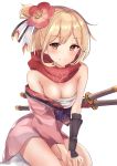  absurdres arm_guards bangs bare_shoulders blonde_hair blush breasts brown_eyes cleavage commentary_request djeeta_(granblue_fantasy) eyebrows_visible_through_hair flower granblue_fantasy grin hair_flower hair_ornament highres japanese_clothes katana kengou_(granblue_fantasy) kimono long_sleeves natsu_(sinker8c) parted_lips pink_kimono red_flower red_scarf sarashi scarf sheath sheathed simple_background sitting small_breasts smile socks solo sword weapon white_background white_legwear wide_sleeves 