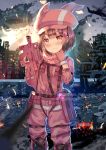  aircraft airplane airship animal_hat bandana blush building bullpup bunny_hat camouflage closed_mouth cloud commentary_request corpse fire fur-trimmed_gloves fur_trim gameplay_mechanics gloves ground_vehicle gun hat head_tilt holding holding_gun holding_weapon jacket llenn_(sao) looking_at_viewer nose_blush outdoors p-chan_(p-90) p90 pants pink_bandana pink_gloves pink_hat pink_jacket pink_pants red_eyes ruins sky skyscraper smile smoke solo submachine_gun sword_art_online sword_art_online_alternative:_gun_gale_online train weapon xephonia 