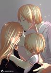  1girl 2boys artist_name blonde_hair dual_persona eyes_closed forehead_kiss goatee heart kiss leo-paperman mother_and_son multiple_boys one_piece sanji smile vinsmoke_family vinsmoke_sora white_shirt 