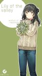  aran_sweater black_hair blue_pants bouquet brown_sweater closed_mouth denim english flower green_background hair_bun holding holding_bouquet jeans kurata_rine lily_of_the_valley looking_at_viewer original pants side_bun solo standing sweater translation_request white_flower 