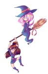  2girls arms_up belt black_neckwear black_ribbon blue_footwear blue_hat blue_legwear blush boots broom broom_riding brown_hair dress eyebrows_visible_through_hair female full_body hair_ornament hair_tie half-closed_eyes hanging_on hat highres holding hood kagari_atsuko kookoi little_witch_academia long_hair long_sleeves looking_down multiple_girls neck_ribbon nervous outline ponytail red_eyes red_ribbon ribbon shirt short_ponytail sucy_manbavaran sweat thigh_boots tied_hair transparent_background white_outline white_shirt witch_hat 